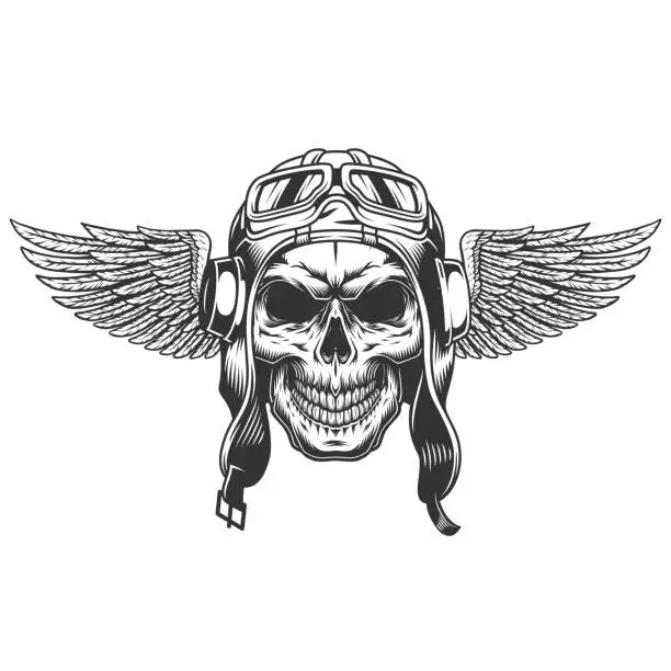 Vector illustration of Vintage monochrome winged pilot skull