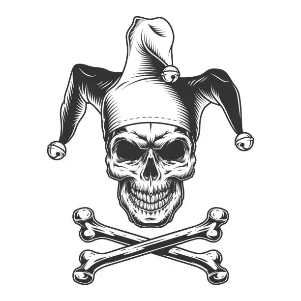 Vector illustration of Vintage monochrome jester skull