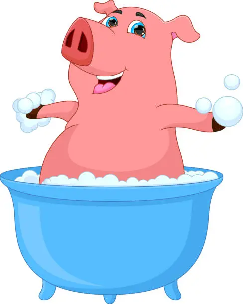 Vector illustration of cartoon cute pig bathing in the bathtub