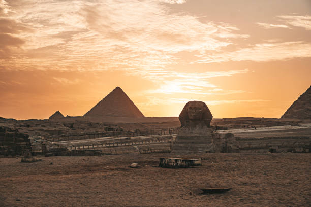 밝은 태양 아래 큰 스핑크스와 피라미드. 일몰시 저녁에 위대한 피라미드와 스핑크스가있는 기자 고원의 탁 트인 전망 - sphinx night pyramid cairo 뉴스 사진 이미지
