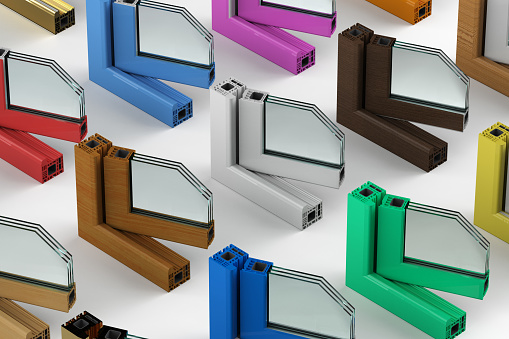 3d rendering group of upvc window profiles or frames with several color or materials