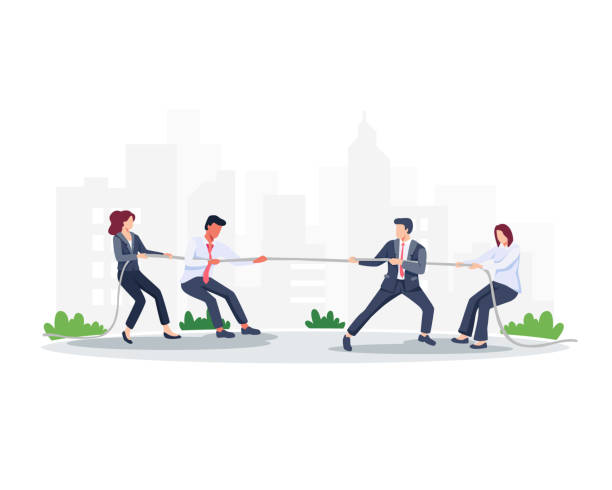 Group of employees play tug of war Vector illustration teamwork business concept. Group of employees play tug of war, Vector illustration in a flat style business battle stock illustrations