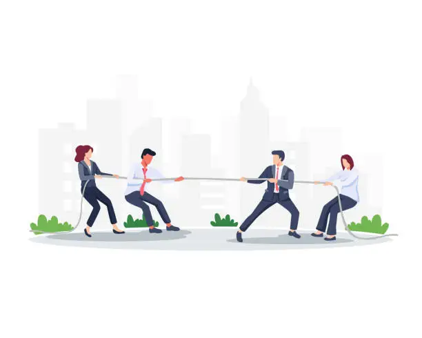 Vector illustration of Group of employees play tug of war