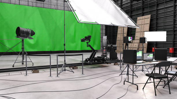 Modern Movie Set Digital render of a small green screen studio set behind the scenes stock pictures, royalty-free photos & images