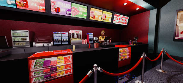 Typical counter selling snacks and drinks at a cinema or movie theatre