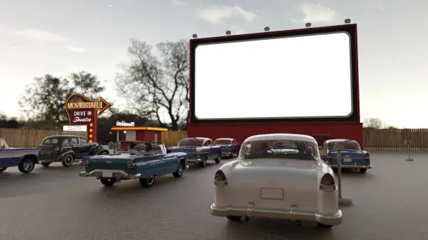 Digital render of a fifties styled drive-in movie theatre