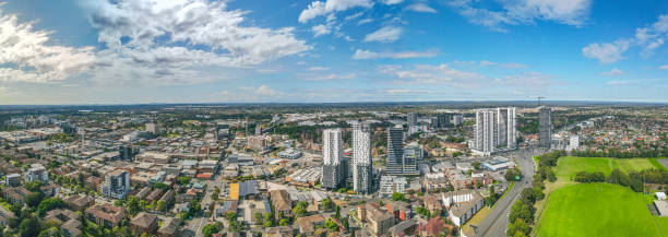 Panoramic aerial drone view of Liverpool in Greater Western Sydney, NSW stock photo