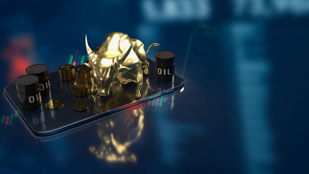 the oil tank and gold bull on tablet for business concept 3d rendering - editorial concepts and ideas retail place store imagens e fotografias de stock