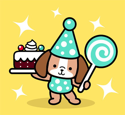 Animal characters vector art illustration.
A cute dog wearing a party hat and carrying a cake and a lollipop in color pastel tones.