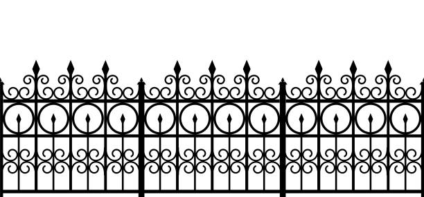 Silhouette of a fence. Seamless horizontal vector pattern on white background. Silhouette of a fence. Seamless horizontal vector pattern on white background. wrought iron stock illustrations