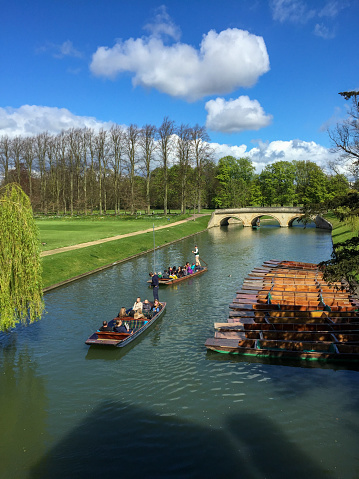 Cambridge, UK- April 23 2016: The River Cam winds through the town is the soul of the University of Cambridge. Here are students punting on the River Cam.