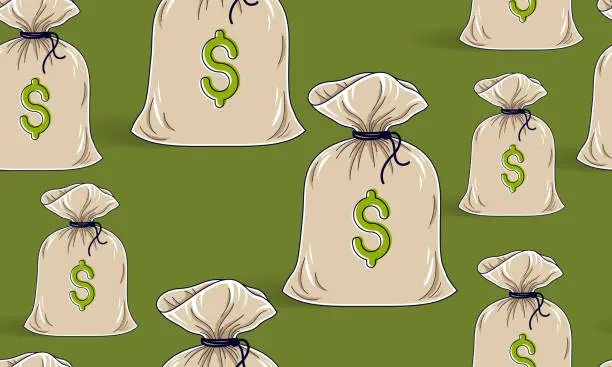 Vector illustration of Money bags seamless background, backdrop for financial business website or economical theme ads and information, vector wallpaper or web site background.