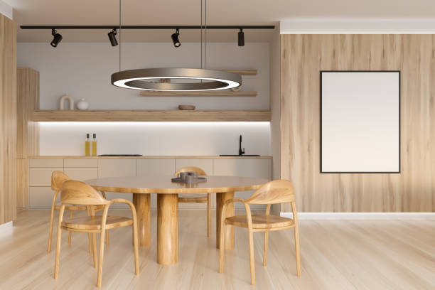 istock Bright kitchen room interior with empty white poster, gas cooker 1394730249