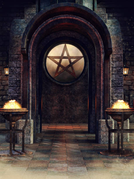 istock Fantasy shrine with burners, lamps and pentagram 1394730340
