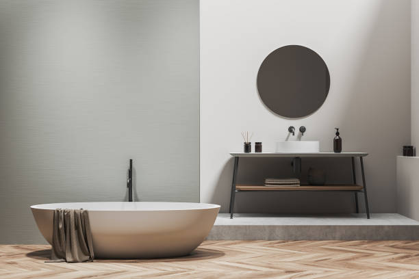 istock Light bathroom interior with sink and bathtub, rack with decoration, mockup 1394730476