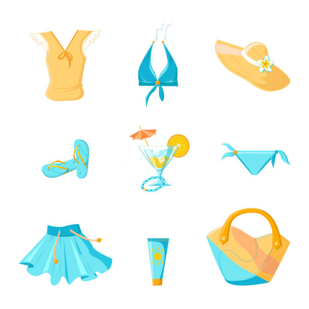 ilustraciones, imágenes clip art, dibujos animados e iconos de stock de conjunto de artículos de verano - drink umbrella cocktail glass isolated