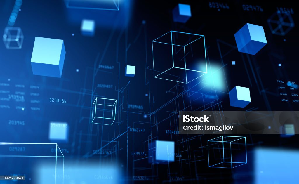 Data blocks in cyberspace, metaverse and virtual reality Digital hologram of information fields, numbers and virtual reality. Concept of blockchain, artificial intelligence and big data. 3D rendering Blockchain Stock Photo