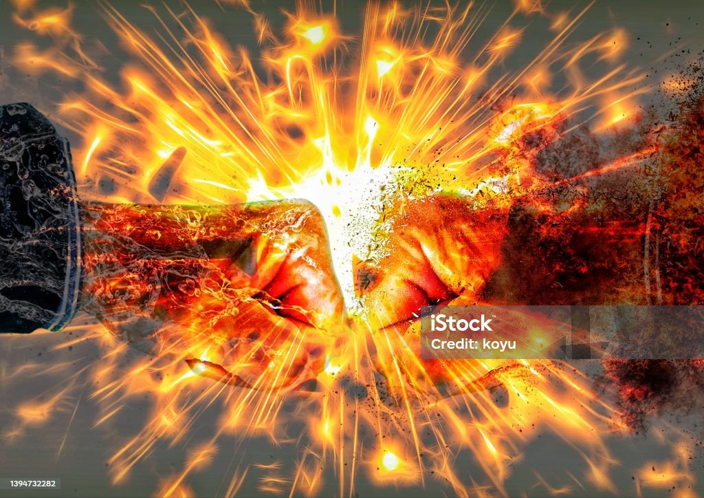 3D illustration of fists colliding with each other Anger Stock Photo