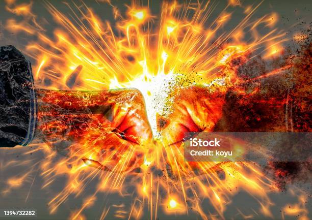 3d Illustration Of Fists Colliding With Each Other Stock Photo - Download Image Now - Anger, Exploding, Boxing - Sport