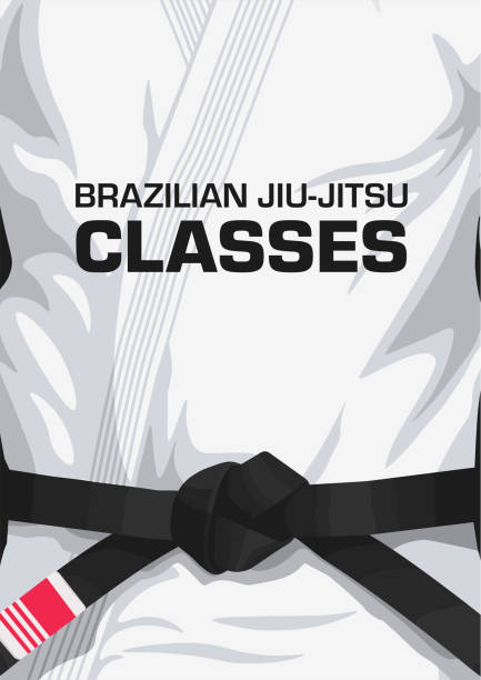 Brazilian Jiu-Jitsu white Gi poster. Brazilian Jiu-Jitsu white Gi poster. Bjj kimono invitation poster. Black belt. Jiu-Jitsu classes. Grappling classes. martial arts stock illustrations