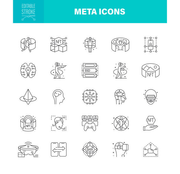 Meta Icons Editable Stroke. The set contains icons as Big Data, Meta Department, Augmented Reality, Hands-free Device, Blockchain vector art illustration