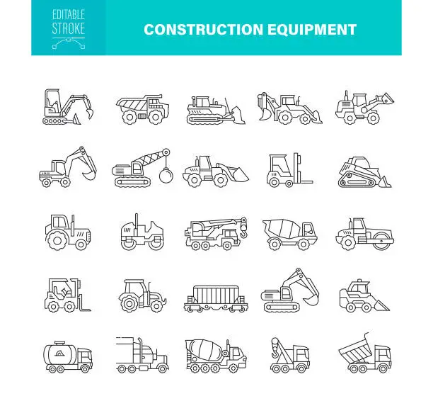 Vector illustration of Construction Equipment Icons Editable Stroke. The set contains icons as Bulldozer, Heavy Machinery, Construction Industry