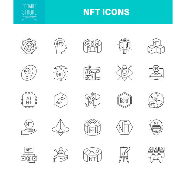 NFT Icons Editable Stroke. The set contains icons as Non-Fungible Token, Business, Art, Metaverse, Cryptocurrency NFT Non-Fungible Tokens Icon Set. Editable stroke. Cryptocurrency, Data processing, Auction non fungible token stock illustrations