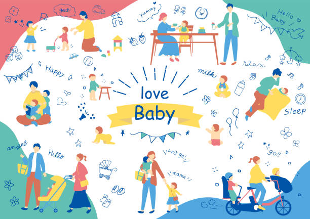 mengatur ilustrasi ikon keluarga dan bayi - stroller car seat ilustrasi stok