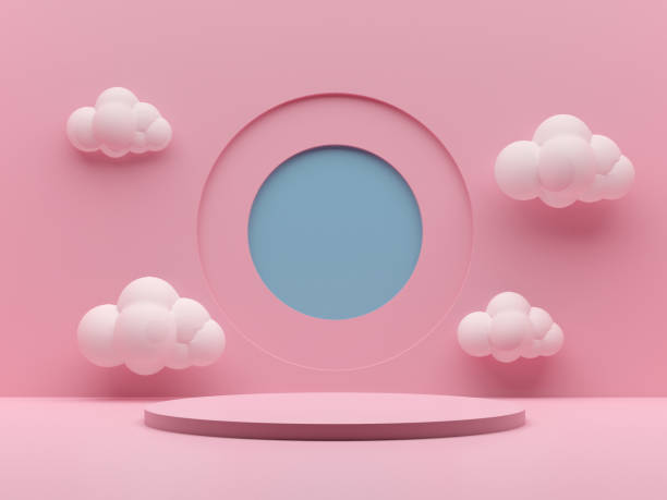 istock Round stage podium with clouds and circles background. Pastel pink and blue background. Pedestal for kid product presentation. Geometric 3D render 1394733676