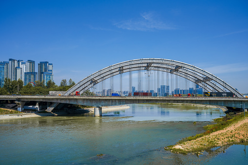 Chengdu bridge and financial city on a sunny day