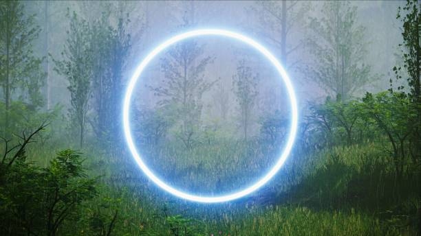 istock Glowing Blue Circle Light in the Rainy Foggy Forest 1394737706