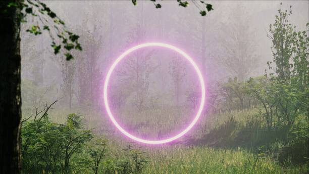 istock Glowing Neon Pink Circle Lighting the Rainy Forest 1394737748