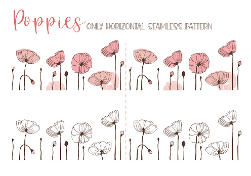 Poppies. Only horizontal seamless pattern. Hand drawing stylized vector illustration