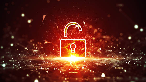 Technology concept is attacked, computer cybersecurity defense system is hacked or destroyed. Interfering internet network. The unlocked red padlock stands out in the center of a small binary polygon. el concepto de tecnología es atacado, el sistema de defensa de ciberseguridad informática es pirateado o destruido. interconexión de la red de internet. el candado rojo desbloqueado se destaca en el centro de un pequeño polígono binario.