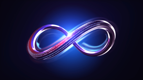 Virtual reality infinity symbol community connection of metaverse world global network technology system and abstract loop sign element on innovation digital communication. 3d rendering