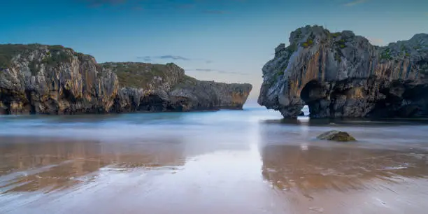 A long exposure view of the Cuevas del Mar on the Costa Verde of Asturias