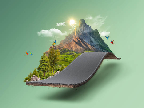 ilustracja 3d kawałka zielonej ziemi odizolowanej, kreatywnych podróży i turystyki off-road design drzewa. niezwykła ilustracja - island vacations travel destinations nature zdjęcia i obrazy z banku zdjęć