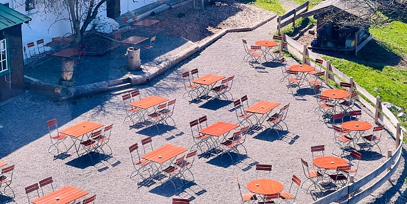 Empty restaurant tables from above