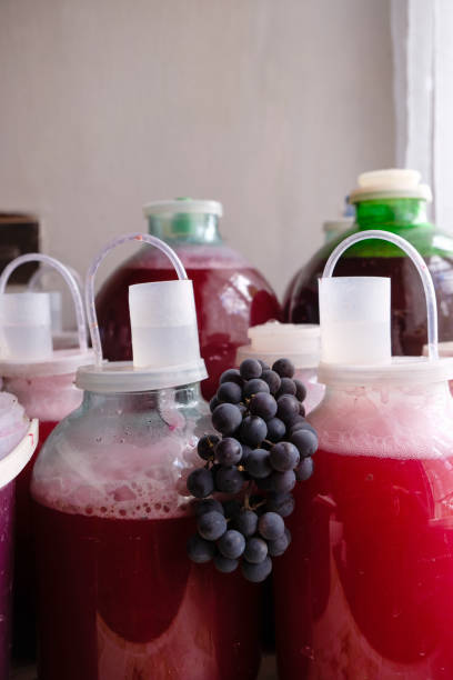 istock Glass jars. Plastic lids with air locks for wine fermentation. Winemaking background. 1394746914