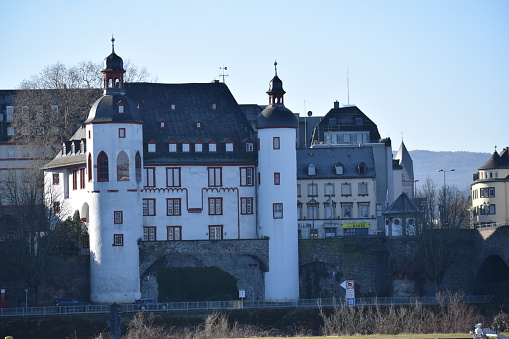 Koblenz, Germany - 02/27/2022: Moselle shore in Koblenz , Alte Burg, Stadtarchiv