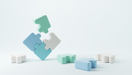 Symbol of teamwork, Jigsaw puzzle connecting, cooperation, partnership. 3d render. Business concept.