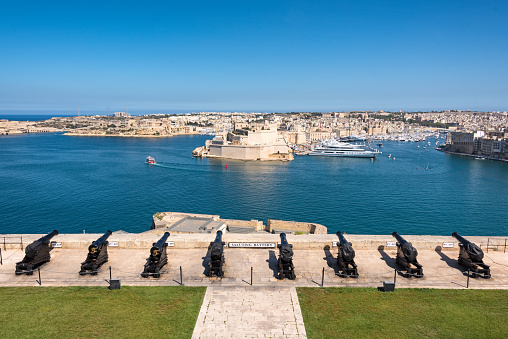 Wide angle view of Fort St. Angelo from The Saluting Battery, Valetta, Malta, Europe