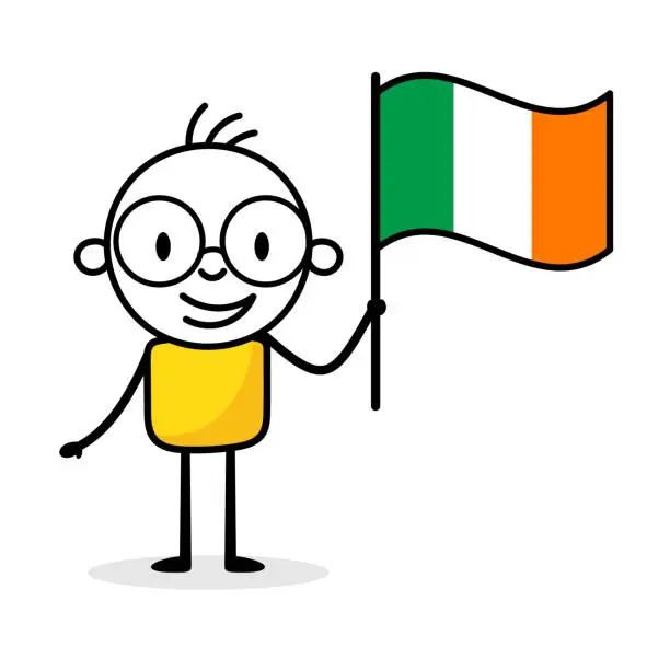 Vector illustration of Man holding flag of Ireland isolated on white background. Hand drawn doodle line art man. Concept of country. Vector stock illustration