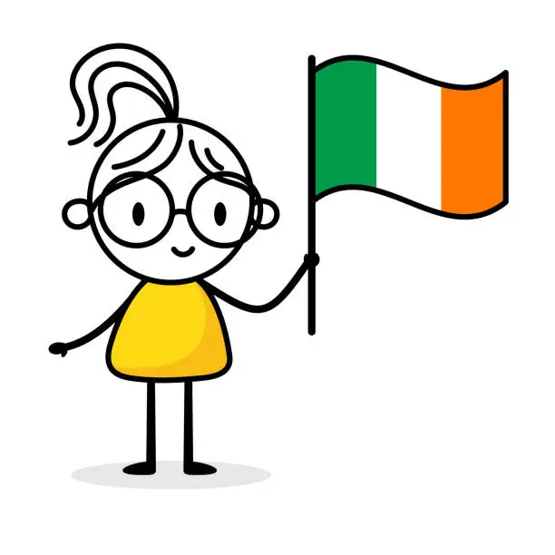 Vector illustration of Woman holding flag of Ireland isolated on white background. Hand drawn doodle line art man. Concept of country. Vector stock illustration