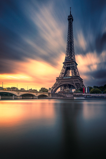 Long exposure view of the Eiffel Tower and the Seine river at Sunset, Paris