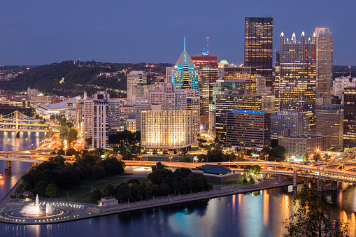 Cityscape of Pittsburgh and Evening Light. Fort Pitt Bridge in the Background. Beautiful Pittsburgh Skyline