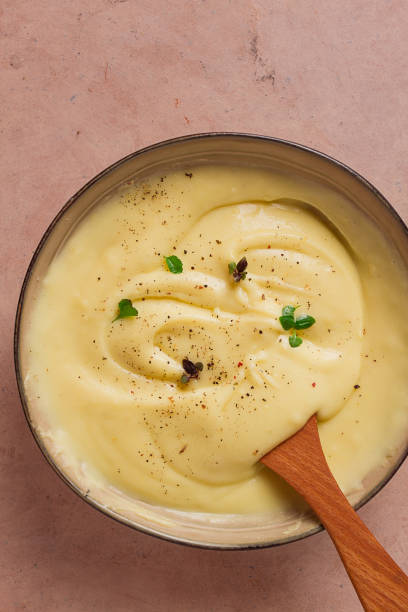 istock Mashed potatoes, with micro greenery and spices, homemade, on a beige table, no people, top view, 1394750171