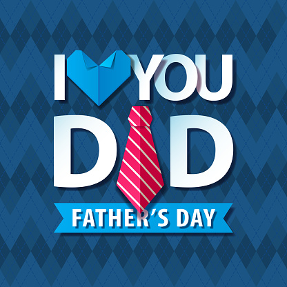 Celebrating the Father's Day with paper craft of typography, and origami heart shirt and necktie on the blue rhombus pattern