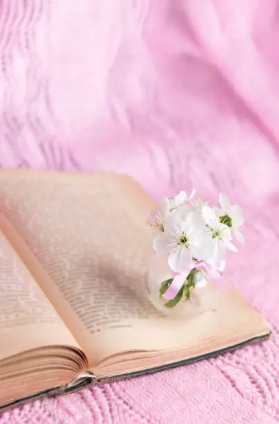 Open old book with white small flowers on a pink openwork background close-up