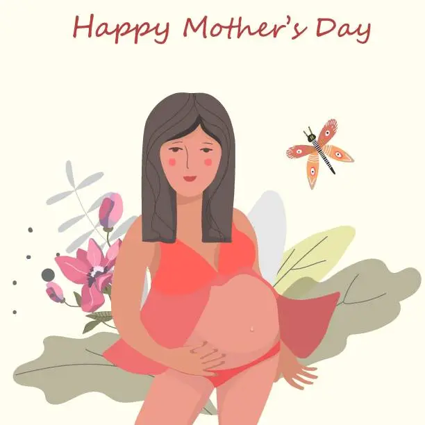 Vector illustration of Pregnant woman in a chemise, among flowers, with a butterfly, mother's day vector illustration.